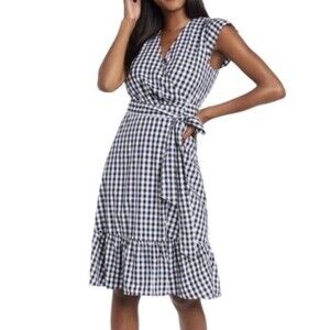 Draper James Gingham Check Wrap Dress 8 Short Sleeve Cotton Rayon